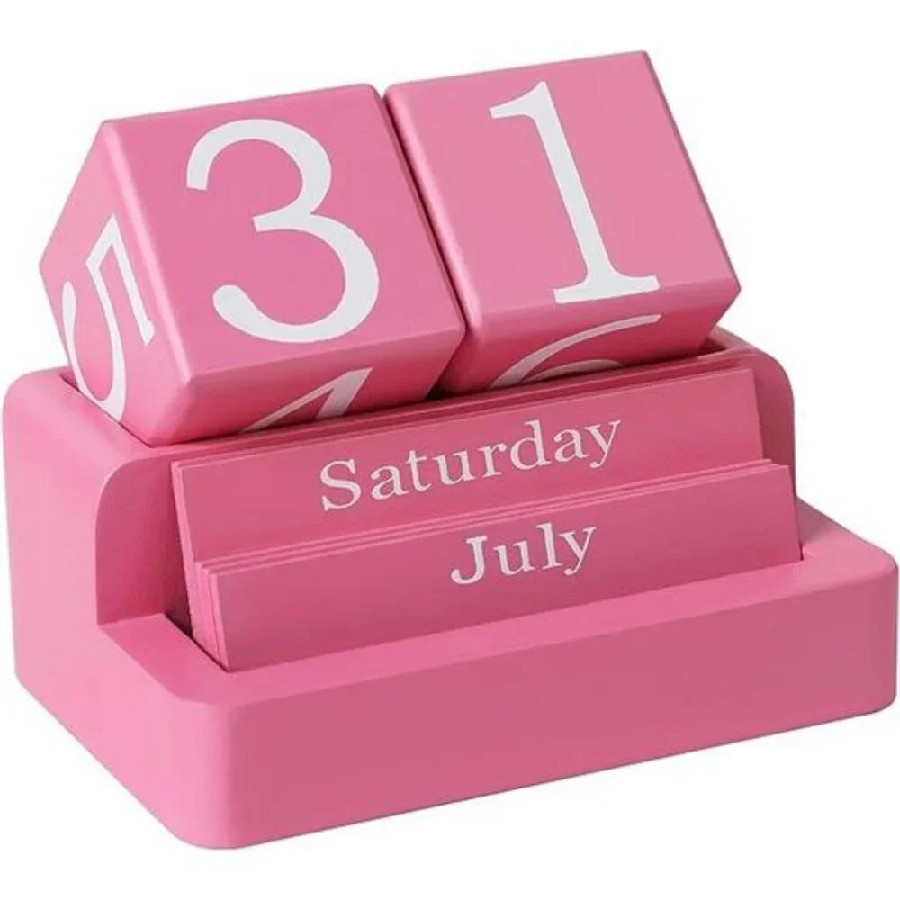 Wooden Block Perpetual Desk Calendar Reusable Date Display Home Office Decor